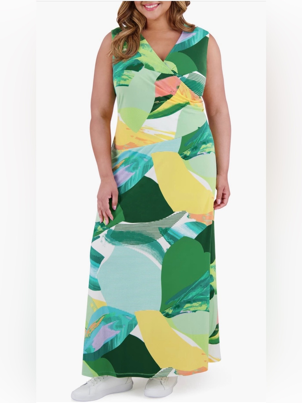 London Times Shirred Sleeveless Green & Yellow Abstract Print Maxi Dress Size 14